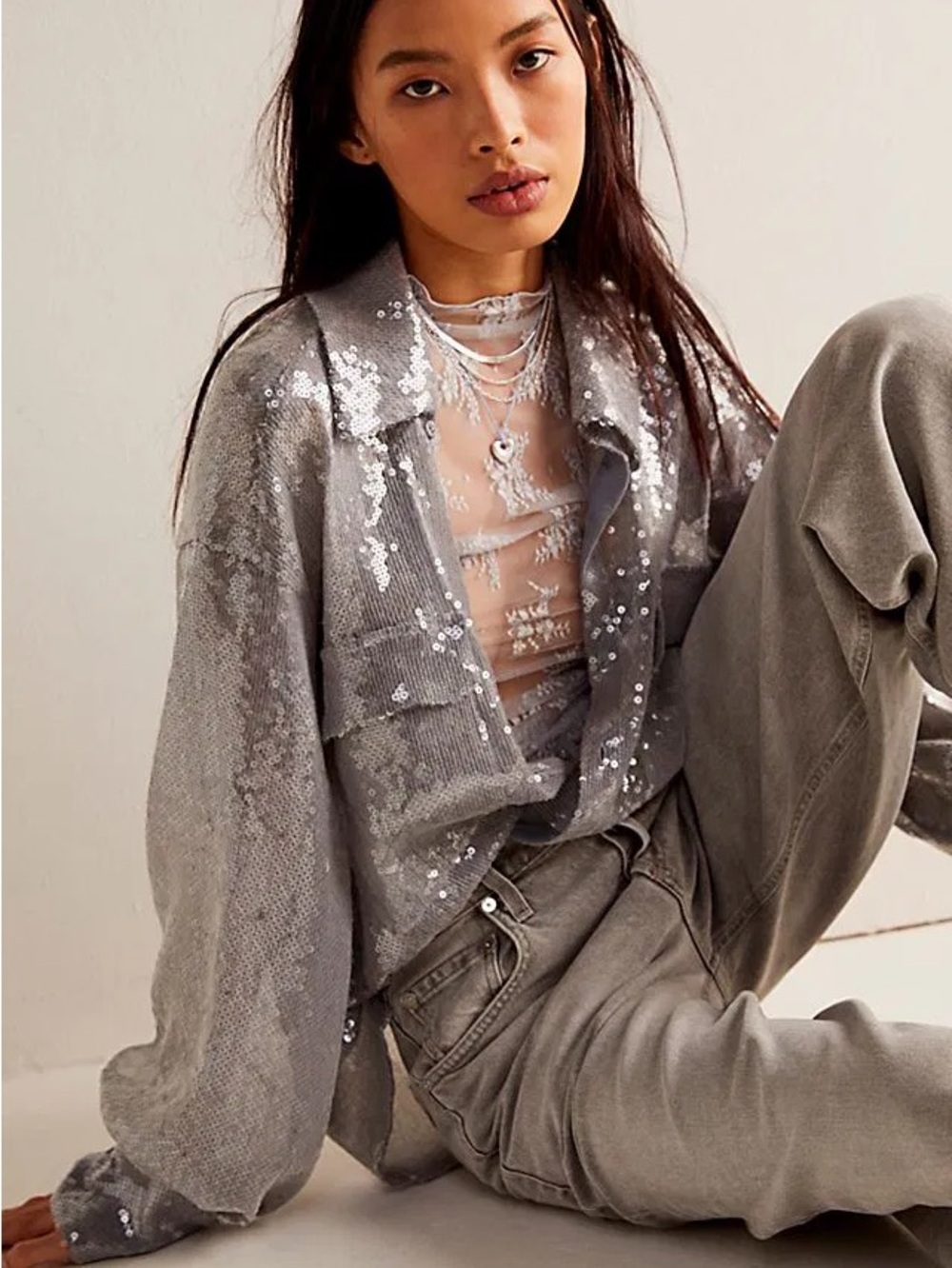 403. Free People Disco Margarita Button Down Sequence Shiny Top